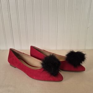 Franco Sarto Sukie Red Suede Flats Pom Pom Accent Pointed Toe Womens Size 5.5 M